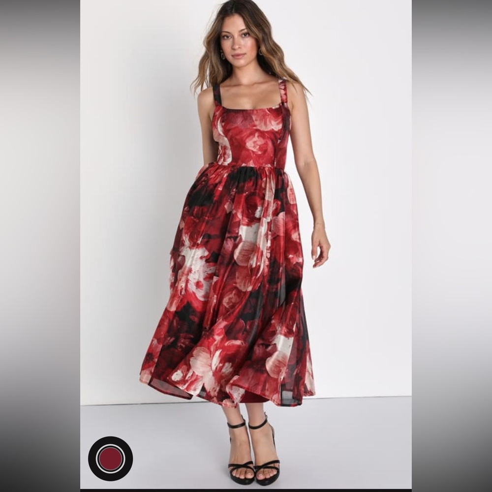 LULU’S Red and Black Floral Midi Skater Dress